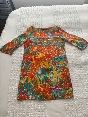Zara Multicolor Floral Shift Dress in Orange, Teal & Yellow